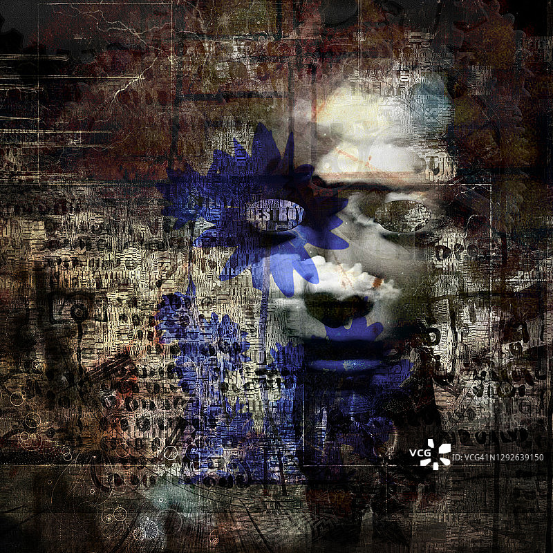 古代符号背景上的蓝色花朵图片素材