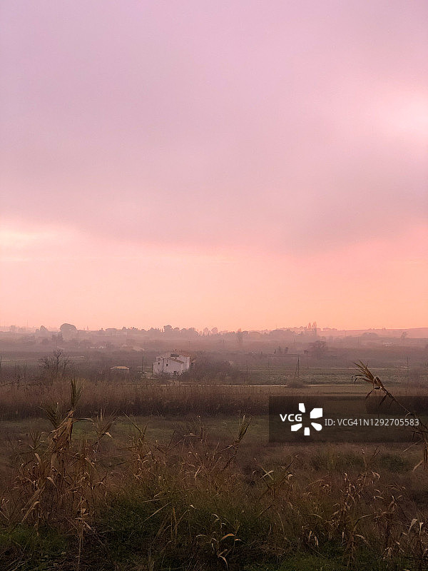 薄雾中的紫色天空风景图片素材