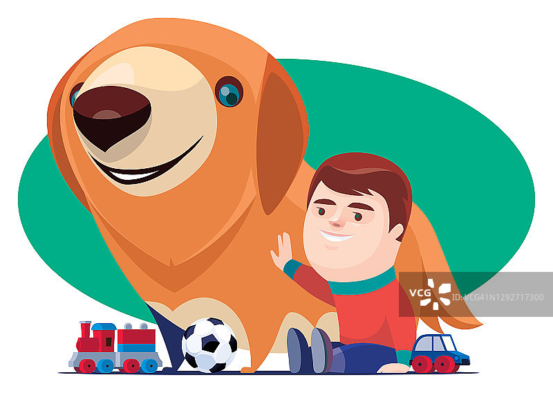 快乐的男孩和狗及玩具图片素材