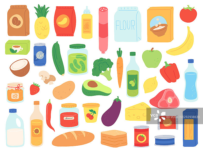 食品杂货。袋装和瓶装商店商品。超市零食、意大利面和番茄罐头、牛奶和谷物。食品店商品矢量集图片素材