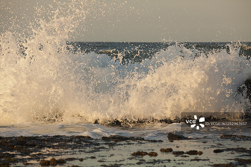 金色午后阳光海岸岩石架上的海浪图片素材
