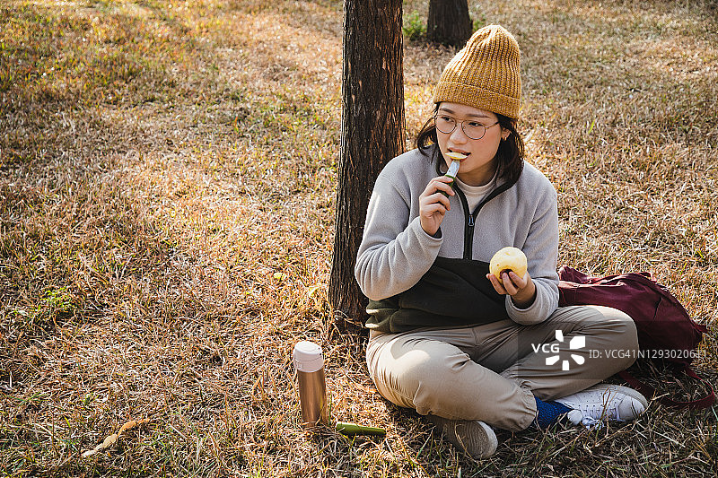 亚洲女性在柏树林里削苹果，享受大自然图片素材
