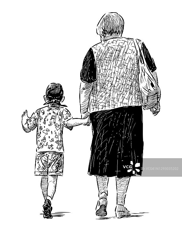 老妇与孙子散步素描图片素材