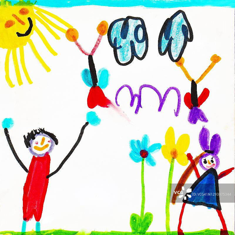 儿童画：孩子们在花丛中玩耍，奥地利图片素材