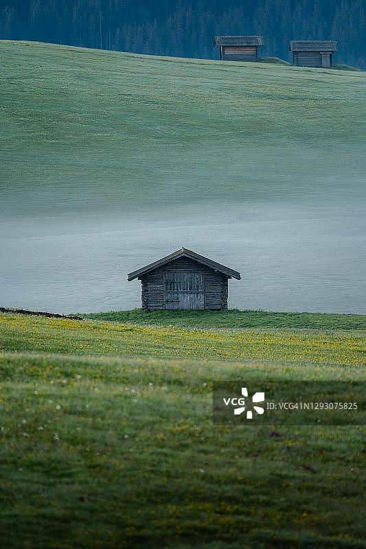 意大利南蒂罗尔Alpe di Siusi雾气缭绕的草地上的一座小屋图片素材