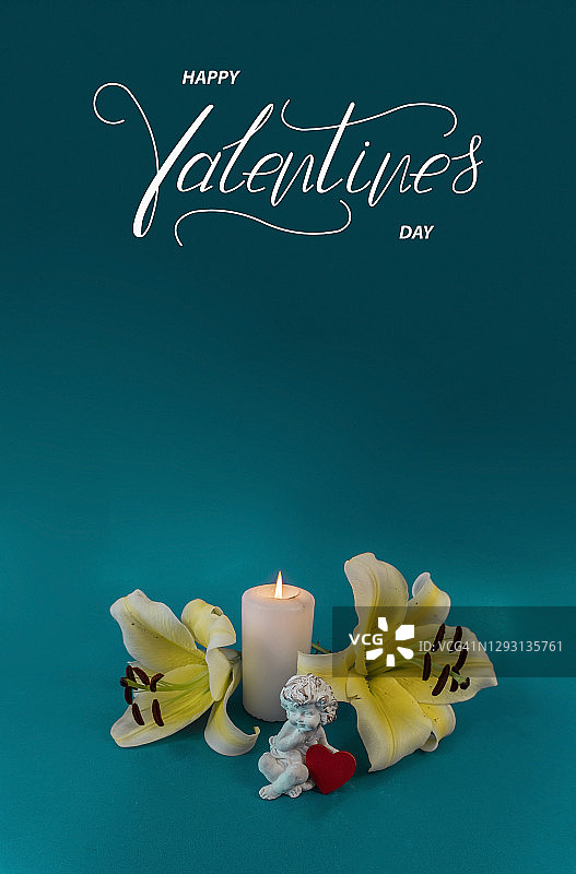 情人节快乐！卡片、在线banner、贺卡，蓝色背景上的情人节平面设计图片素材