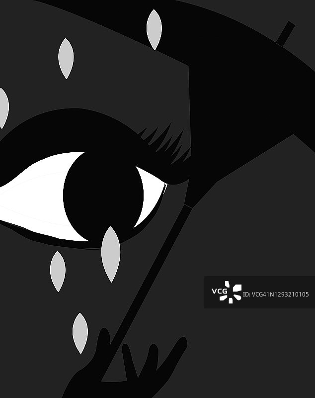 深灰色背景上，雨滴落在哭泣的眼睛上，并被雨伞保护的插画图片素材