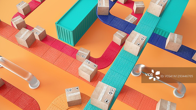 配送仓库中传送带上的纸板箱图片素材