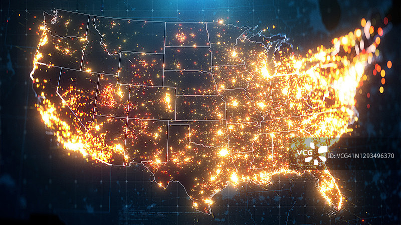 美国夜间地图城市灯光图片素材