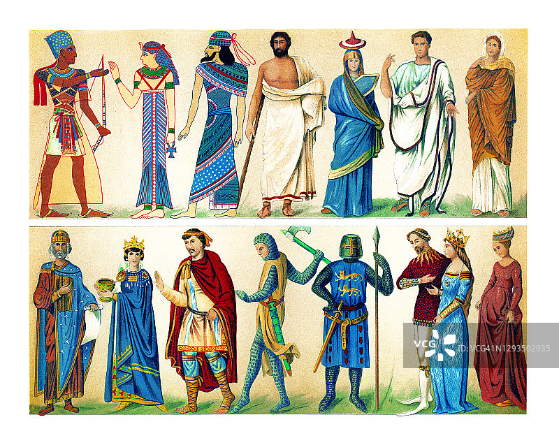 古代和中世纪服饰的雕刻插图图片素材