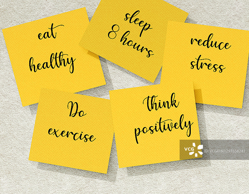 健康生活方式和幸福概念：一套励志提醒便笺图片素材