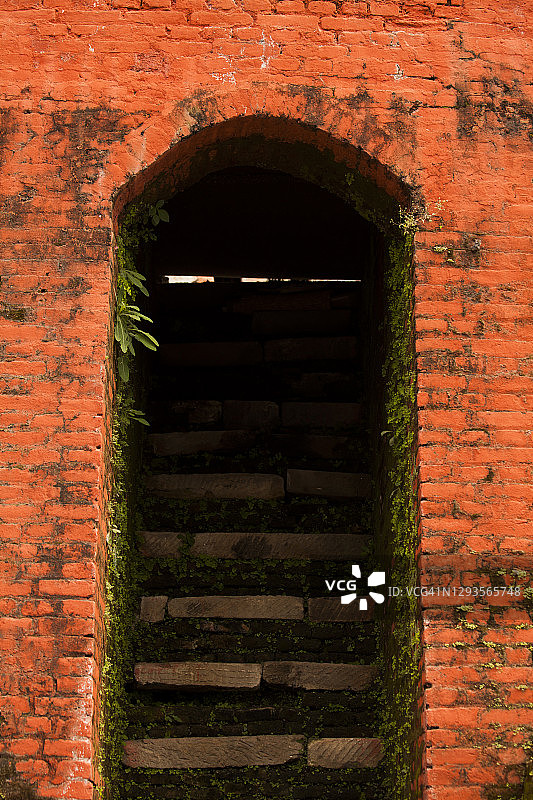 尼泊尔加德满都帕斯帕提纳神庙：老式赤陶砖砌，绿藤缠绕的门廊图片素材