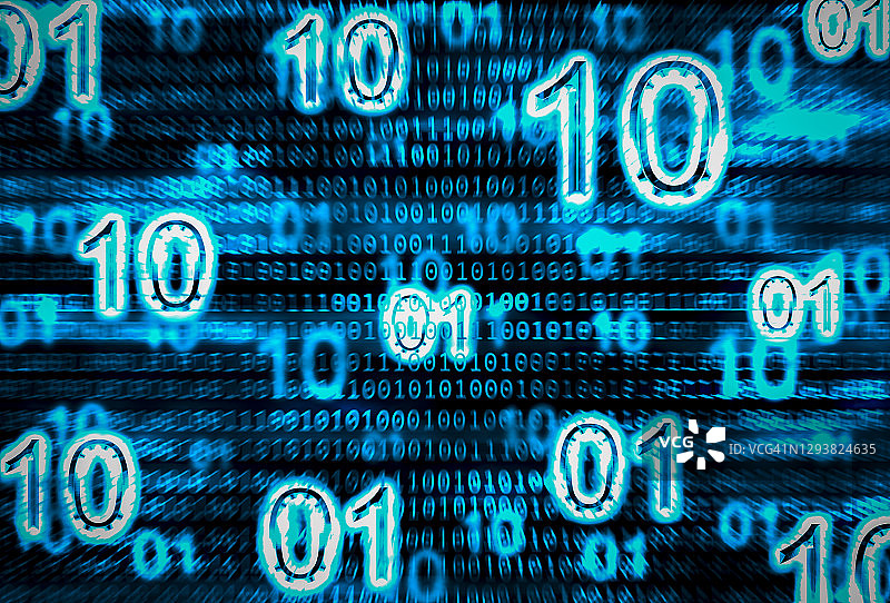 蓝色光二进制代码文本图形图案背景。未来主义概念渲染数字数据网络技术。图片素材