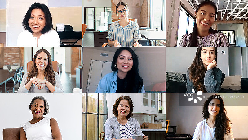 新冠疫情期间，多民族妇女通过电话会议会面图片素材