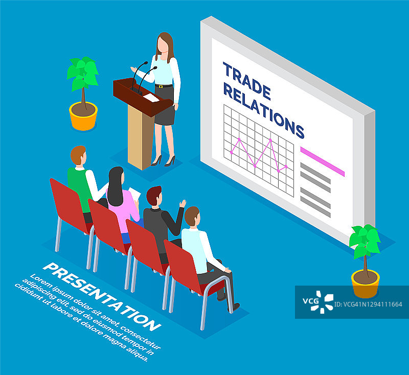 女人向观众报告贸易关系图片素材