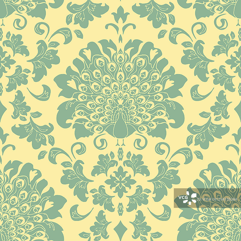 维多利亚风格鸟类壁纸无缝矢量图（淡黄色背景，简约浪漫的孔雀轮廓，奢华的文艺复兴时尚纺织品）图片素材