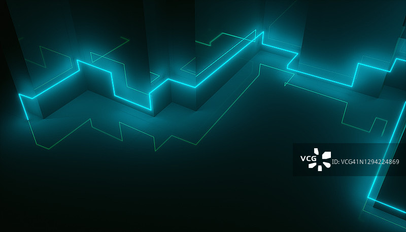 黑暗房间墙壁附近的霓虹几何线条图片素材