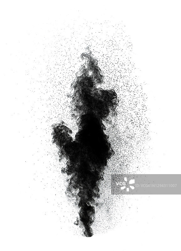 白色背景上的黑色粉末烟雾粒子云冲击爆炸图片素材