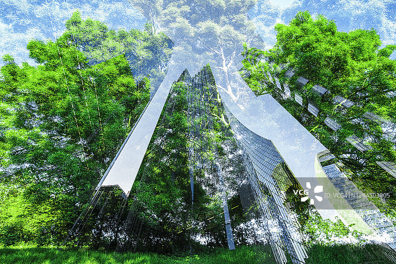 人与自然：树木与建筑的双重曝光图片素材