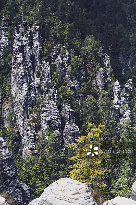 德国萨克森瑞士Elbsandstein山脉的森林和岩石的高角度视图图片素材