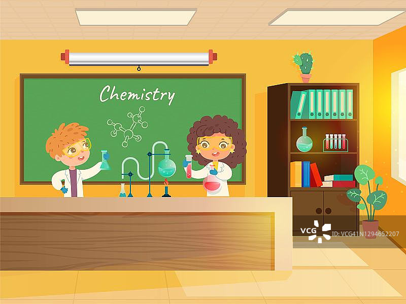 教室里的化学课：学校教育矢量插图，学生进行化学实验，黑板和书柜图片素材