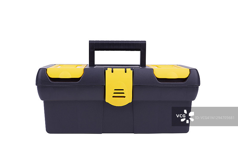 白色背景上的黑色塑料便携工具箱图片素材