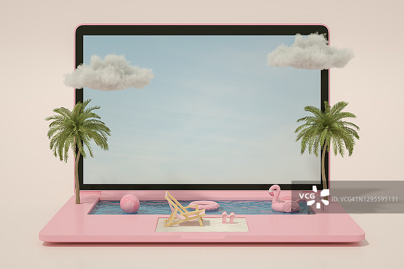 笔记本电脑游泳池夏季旅行概念图片素材