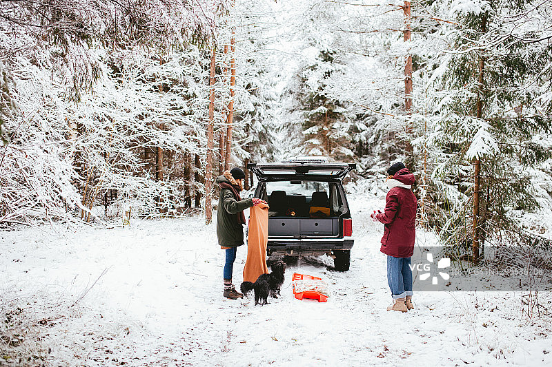朋友们一起玩雪橇图片素材