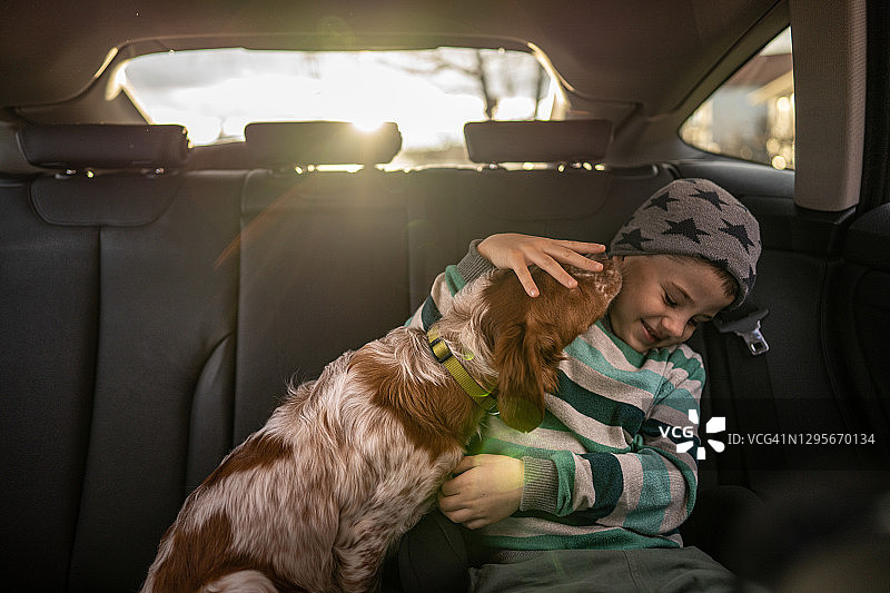 微笑的年轻男孩和他的狗坐在汽车后座上图片素材