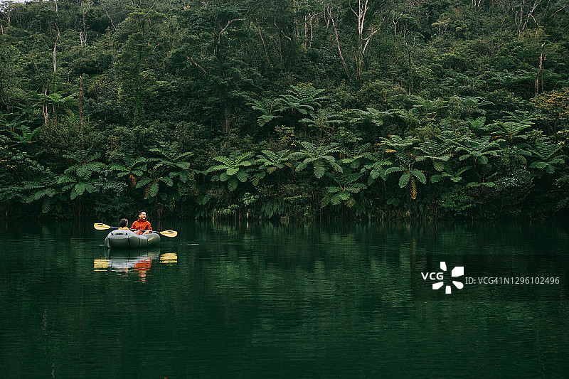 日本冲绳的丛林河流与树蕨、皮划艇图片素材