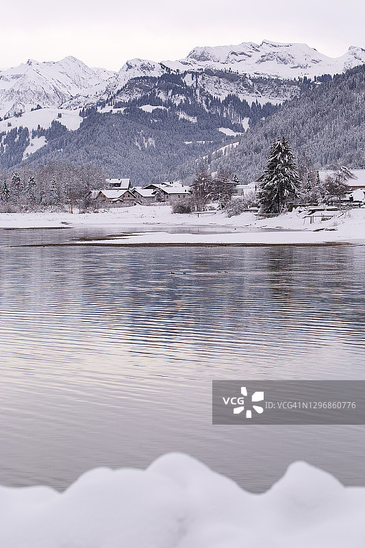 瑞士锡尔湖及被白雪覆盖的房屋和山脉图片素材
