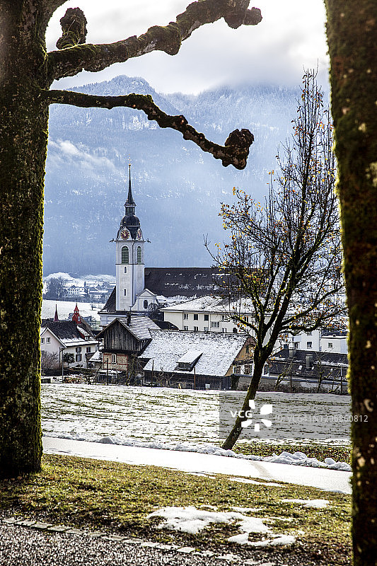 阳光明媚的冬日，施维茨镇上树木环绕的教堂图片素材