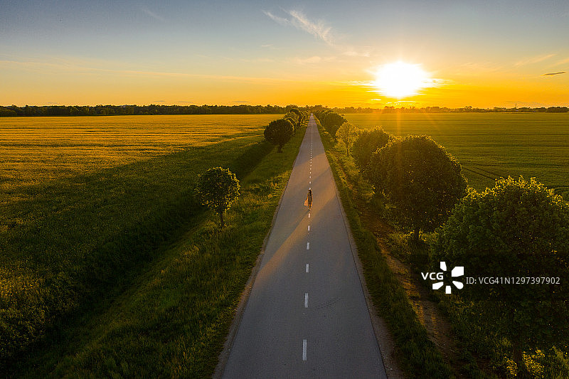 日落时分，林荫道上的女子身影图片素材