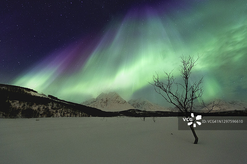 挪威北极光下的雪山图片素材