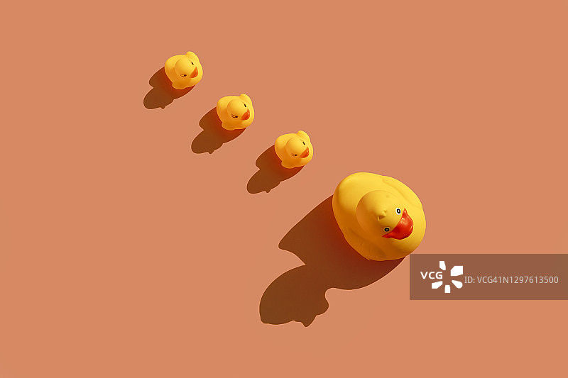 彩色背景上一排黄色橡胶鸭图片素材