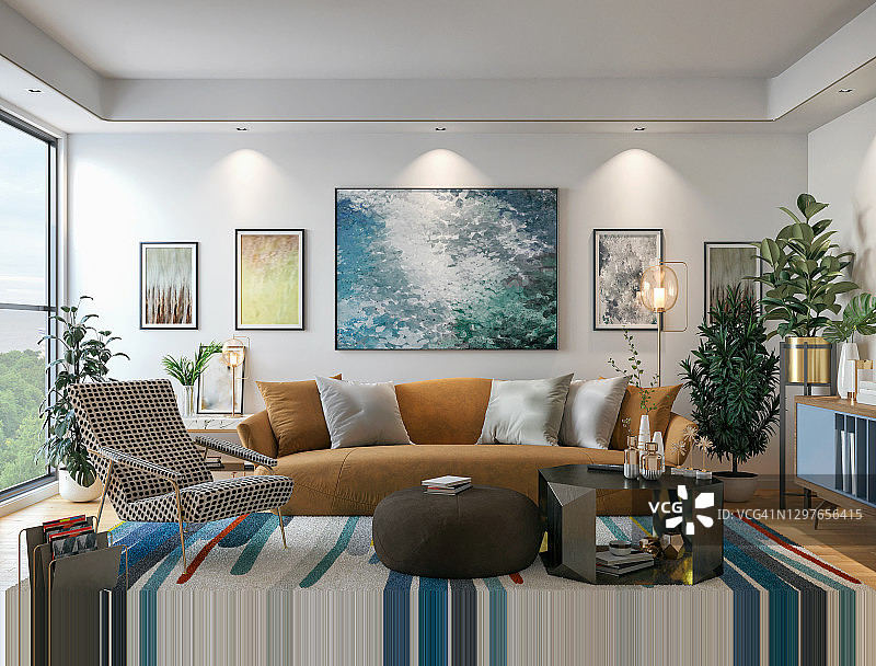 带黄色沙发的彩色客厅图片素材