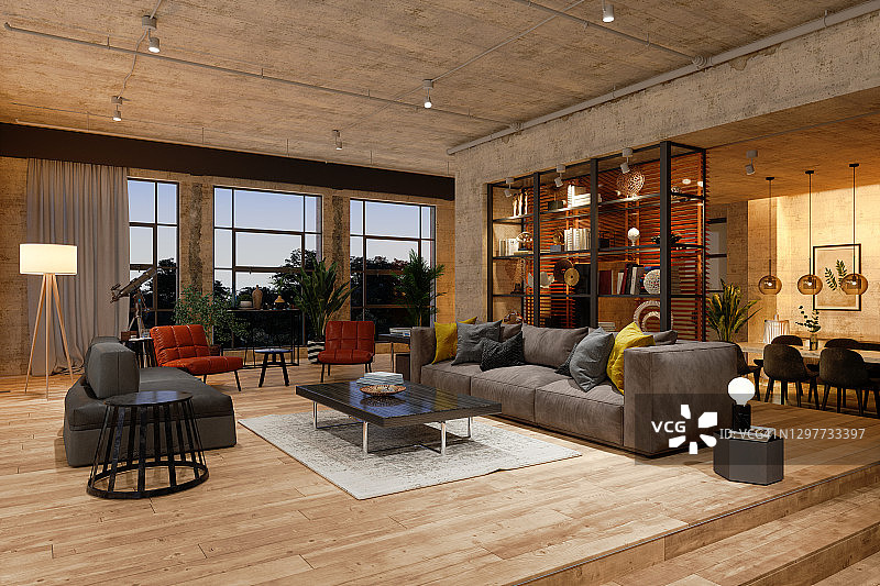 夜晚的奢华客厅，配有扶手椅、沙发、照明设备和餐桌背景图片素材