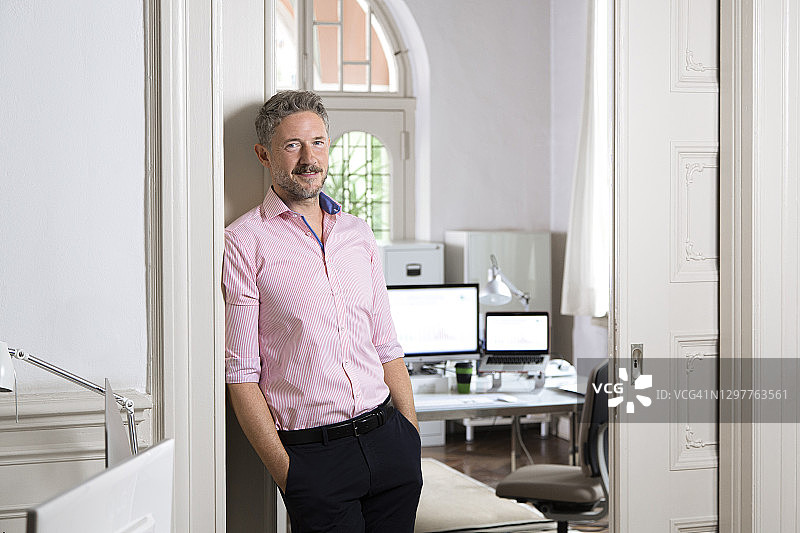 倚靠在办公室门口的优雅男商人图片素材