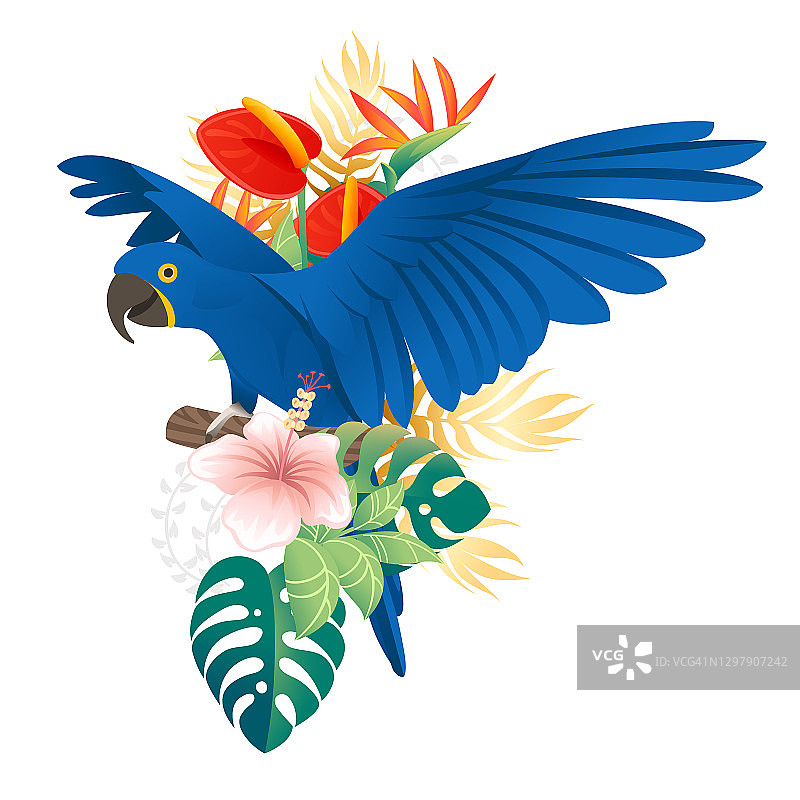 可爱的鹦鹉坐在绿叶和红花卡通动物设计上扁平矢量插图图片素材