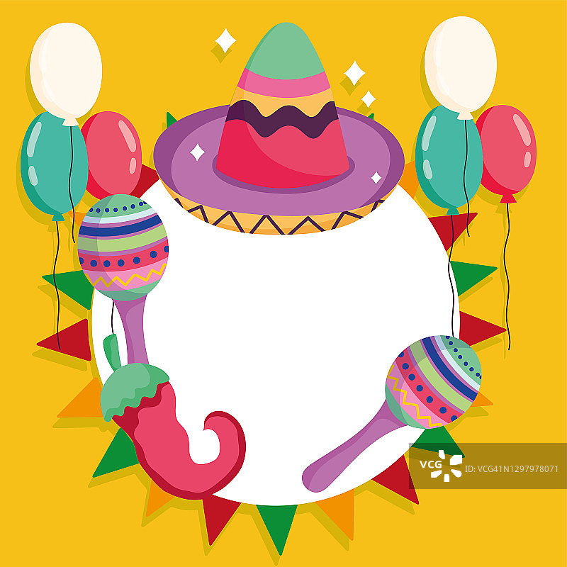 墨西哥帽子沙槌气球和辣椒文化传统派对图片素材