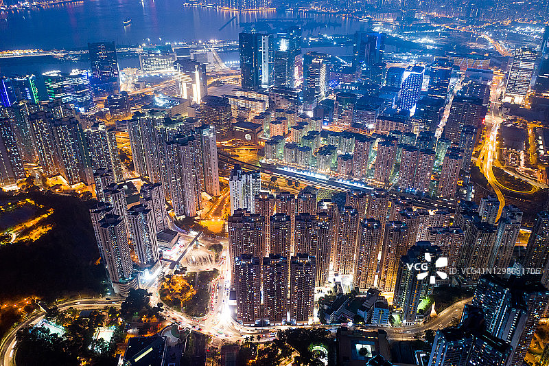 香港九龙湾区夜景航拍图片素材