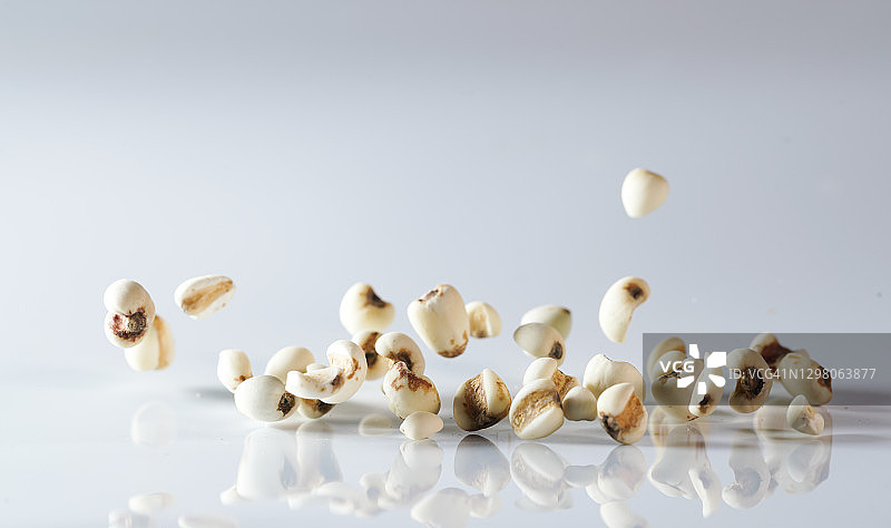 白色背景中飞舞的薏米图片素材