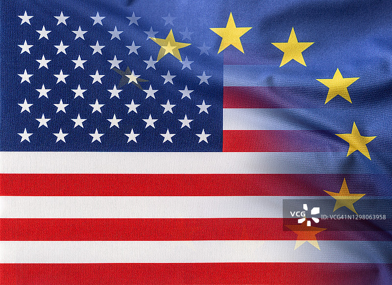 美国和欧盟旗帜，象征美国与欧盟之间的合作图片素材