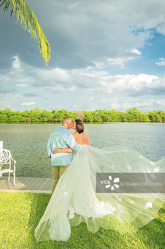 背对镜头，在新娘的头纱在风中飘扬时亲吻的新娘和新郎图片素材