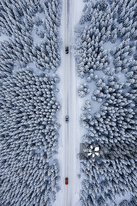 从无人机上俯瞰积雪的森林和道路图片素材