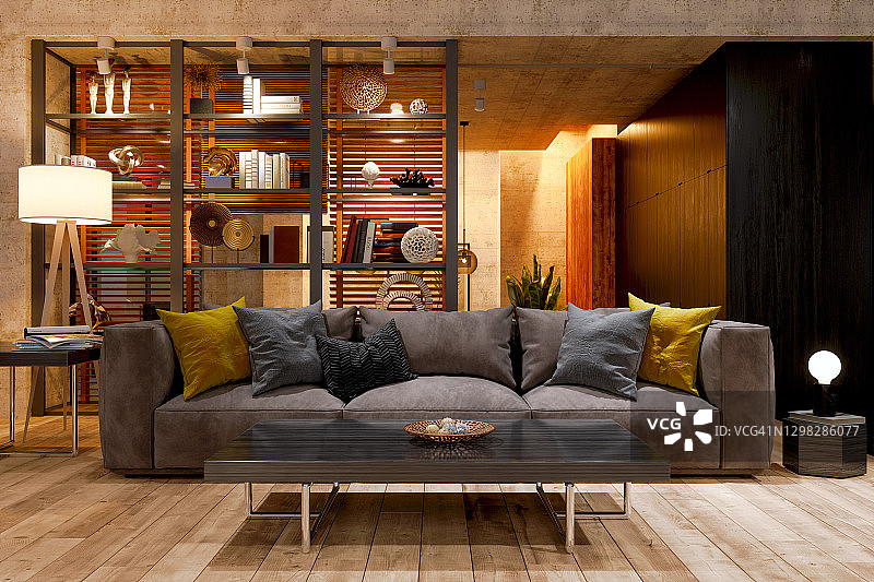夜晚配有沙发、落地灯和镶木地板的豪华客厅图片素材