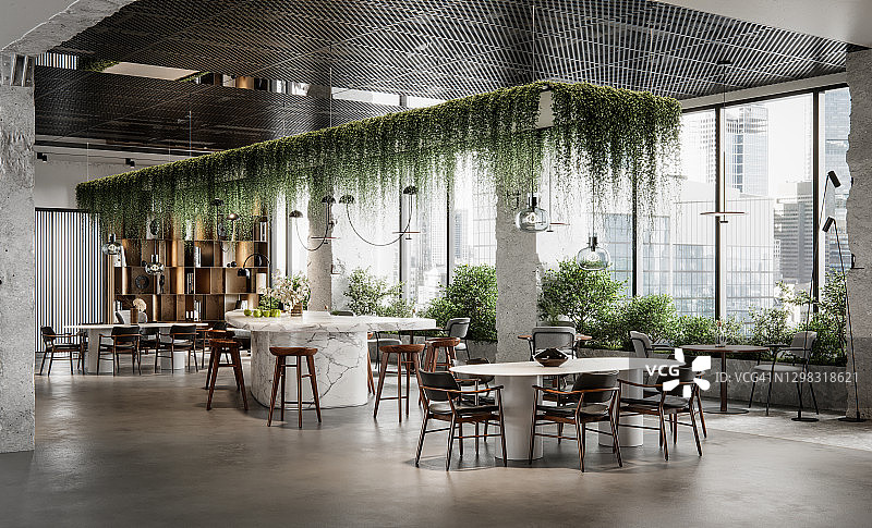 带有植物的现代办公室自助餐厅2.5D模型图片素材