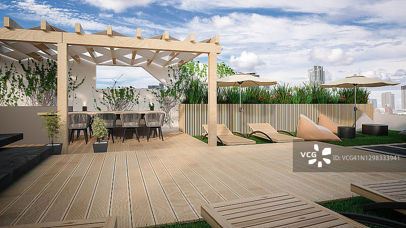 3D渲染屋顶露台建筑效果图与室内设计图片素材