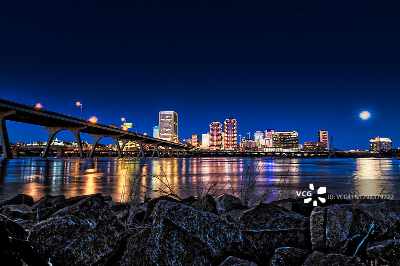 里士满天际线和詹姆斯河夜景，美国弗吉尼亚州里士满图片素材