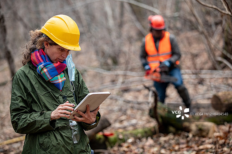 使用数字平板电脑的女森林工头图片素材